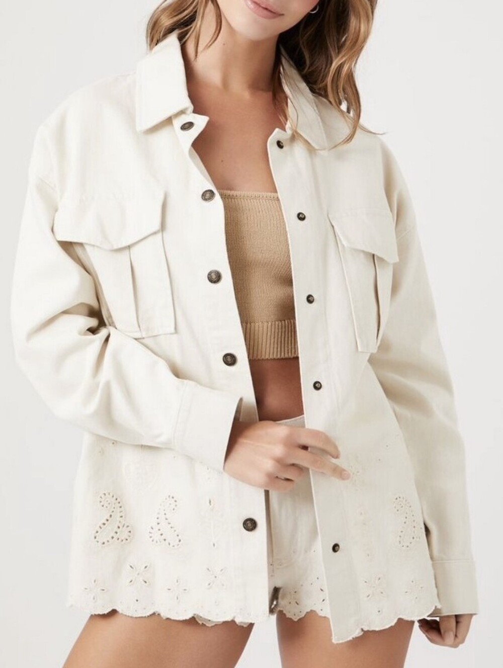 Forever 21 Cream Eyelet Hem Denim Shacket Jacket Size XS